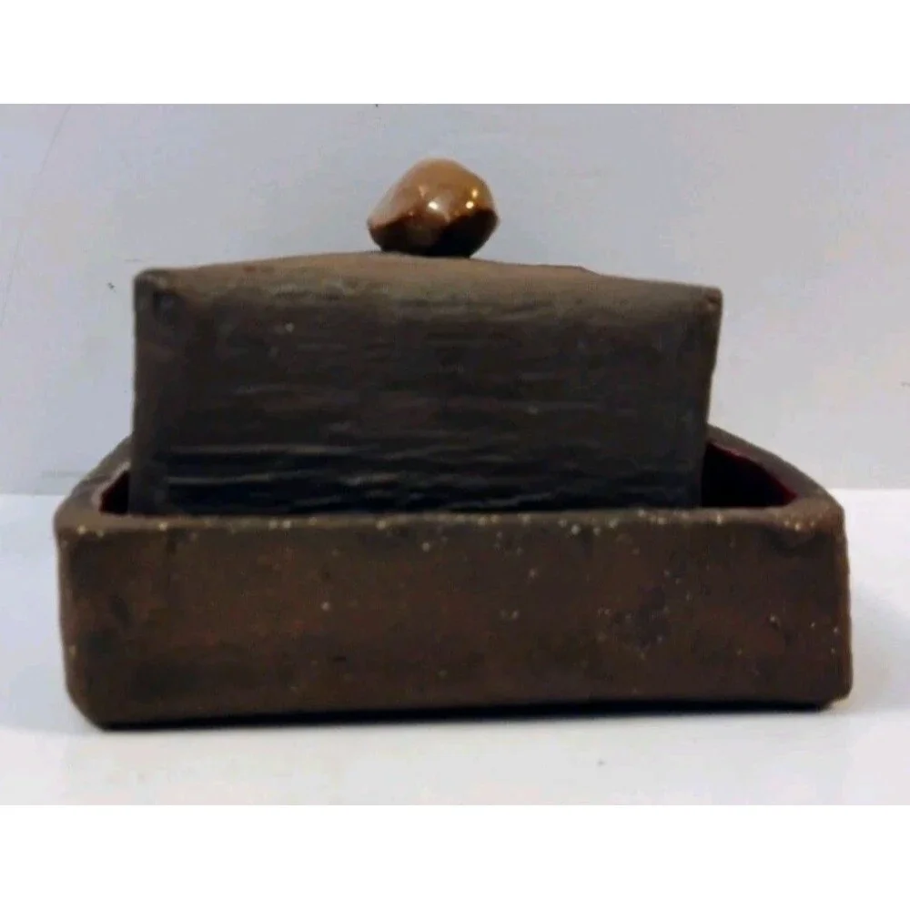 Vintage Studio Pottery Butter Dish Faux Bois Wood Bark Ceramic Covered Box Red